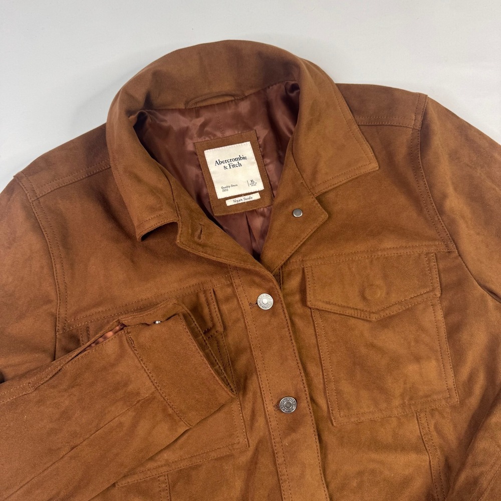 Abercrombie & Fitch Vegan Suede Trucker Jacket Womens‎ XL Brown Button Front